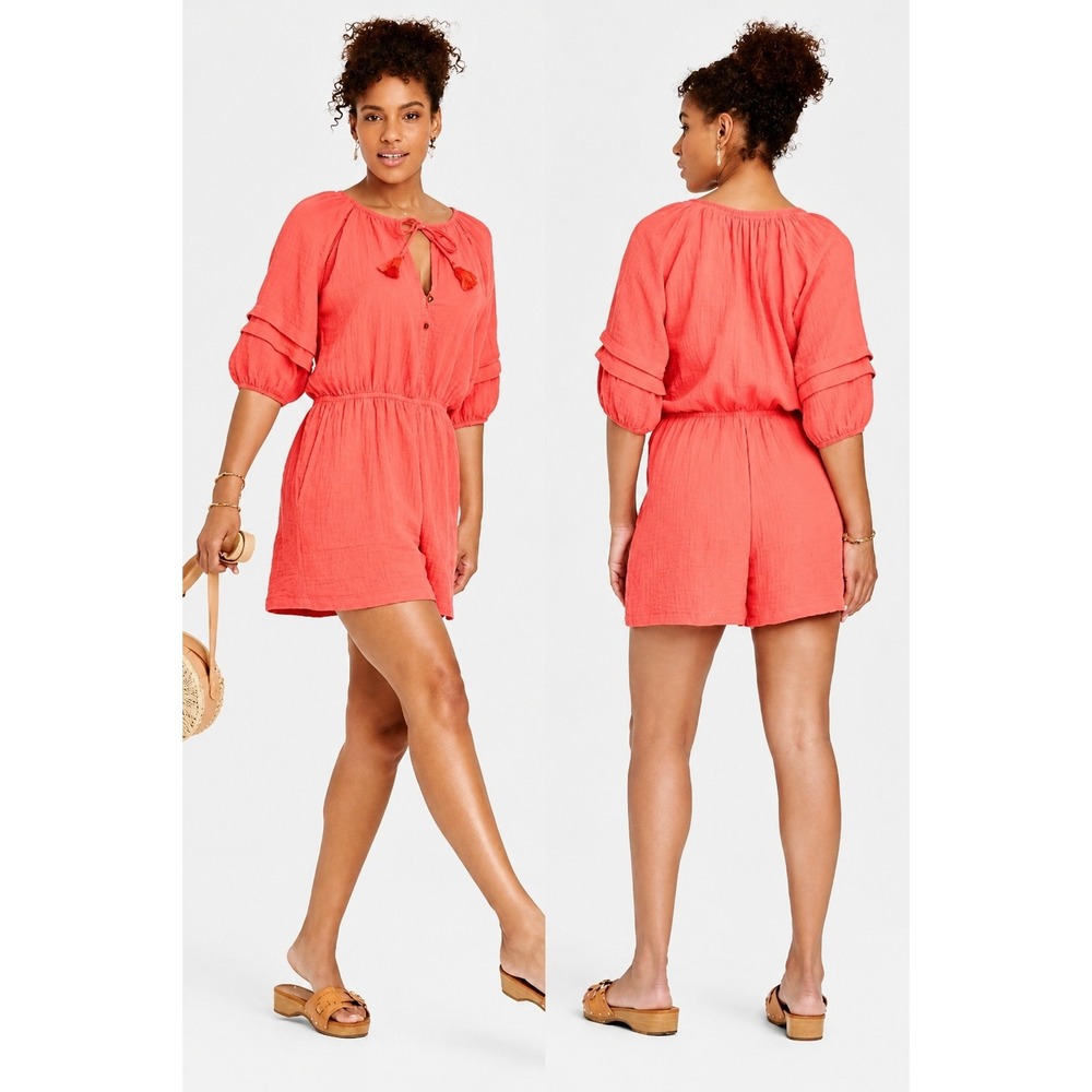 Euro Summer Orange Cotton Gauze Wide Leg Romper XXL Boho Tropical Vaca Coastal